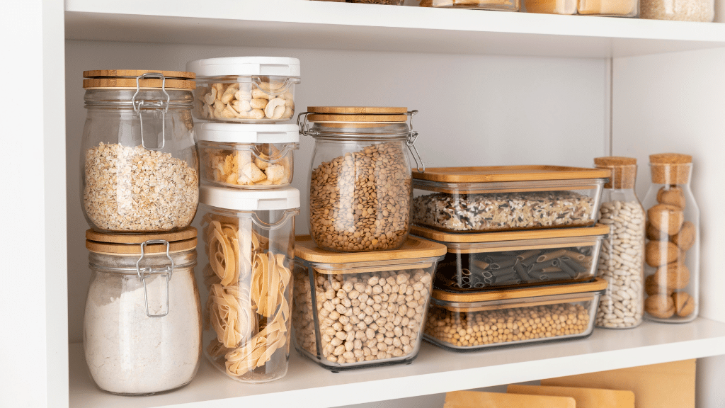 closup of dried oats, nuts, flour, pasta, and grains in sealed containers on a pantry shelf