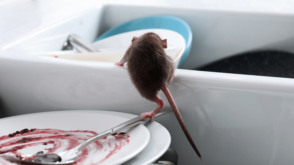 photo of mouse crawling climbing into bowl of dirty dishes
