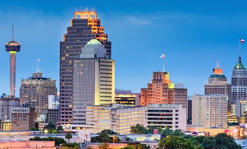 San Antonio skyline with Tower of the Americas at dusk