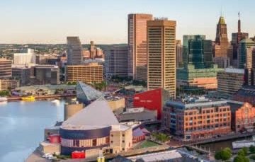 Baltimore skyline with waterfront harbor scene