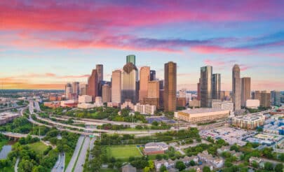 Houston skyline with tall buildings and cloudy sky