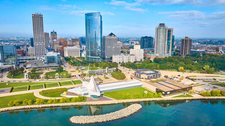 Milwaukee downtown with river and urban buildings