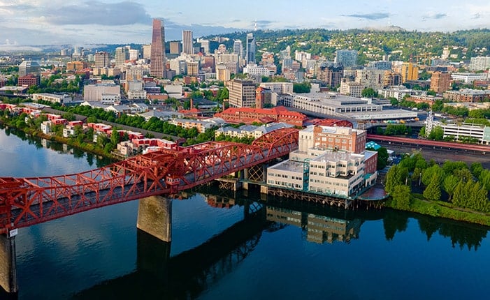 Portland skyline with waterfront and bridges