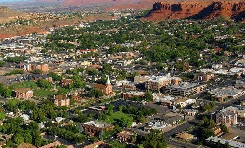 Aerial view of St. George with red rock landscape