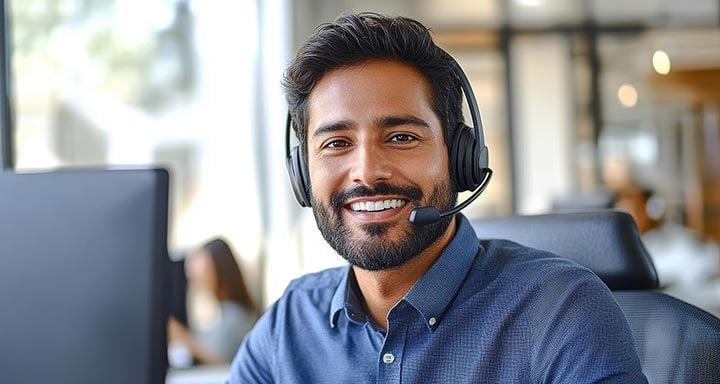 A smiling customer service representative with a headset sits at a desk in a modern office environment. He wears a blue button-up shirt and looks directly at the camera, ready to assist.